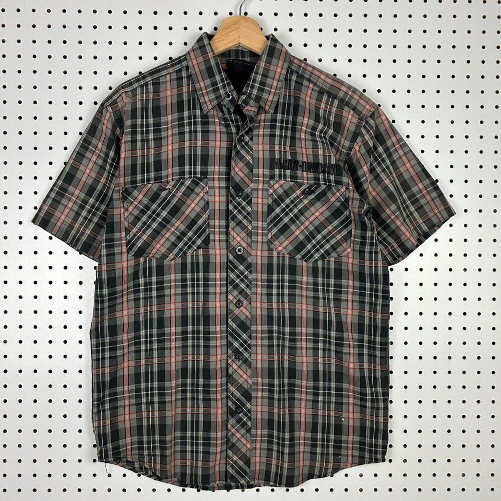 Harley Davidson Motorcycle Biker Mechanic Shirt Plaid Small Punisher Skull Black